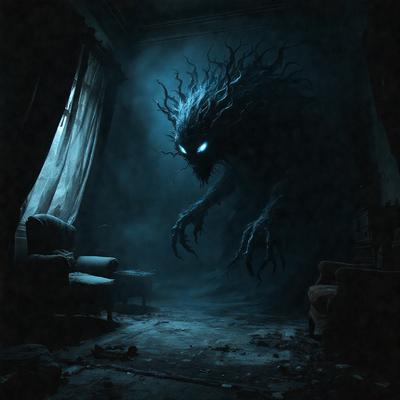 The primary subject of the image is a large, dark, and scary monster or creature, which appears to be a demon or a demonic-looking creature. The creature is standing in a dark room, possibly a bedroom, with a chair and a couch in the background. The setting is a dimly lit room, and the visual style is a black and white drawing or illustration. The dominant colors are black and white, and the overall atmosphere is eerie and unsettling.